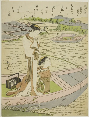 Geese Descending on the Sumida River (Sumidagawa no rakugan), from the series "Eight Fashionable Views of Edo (Furyu Edo hakkei)" by Suzuki Harunobu (鈴木春信), print, 1763-1770