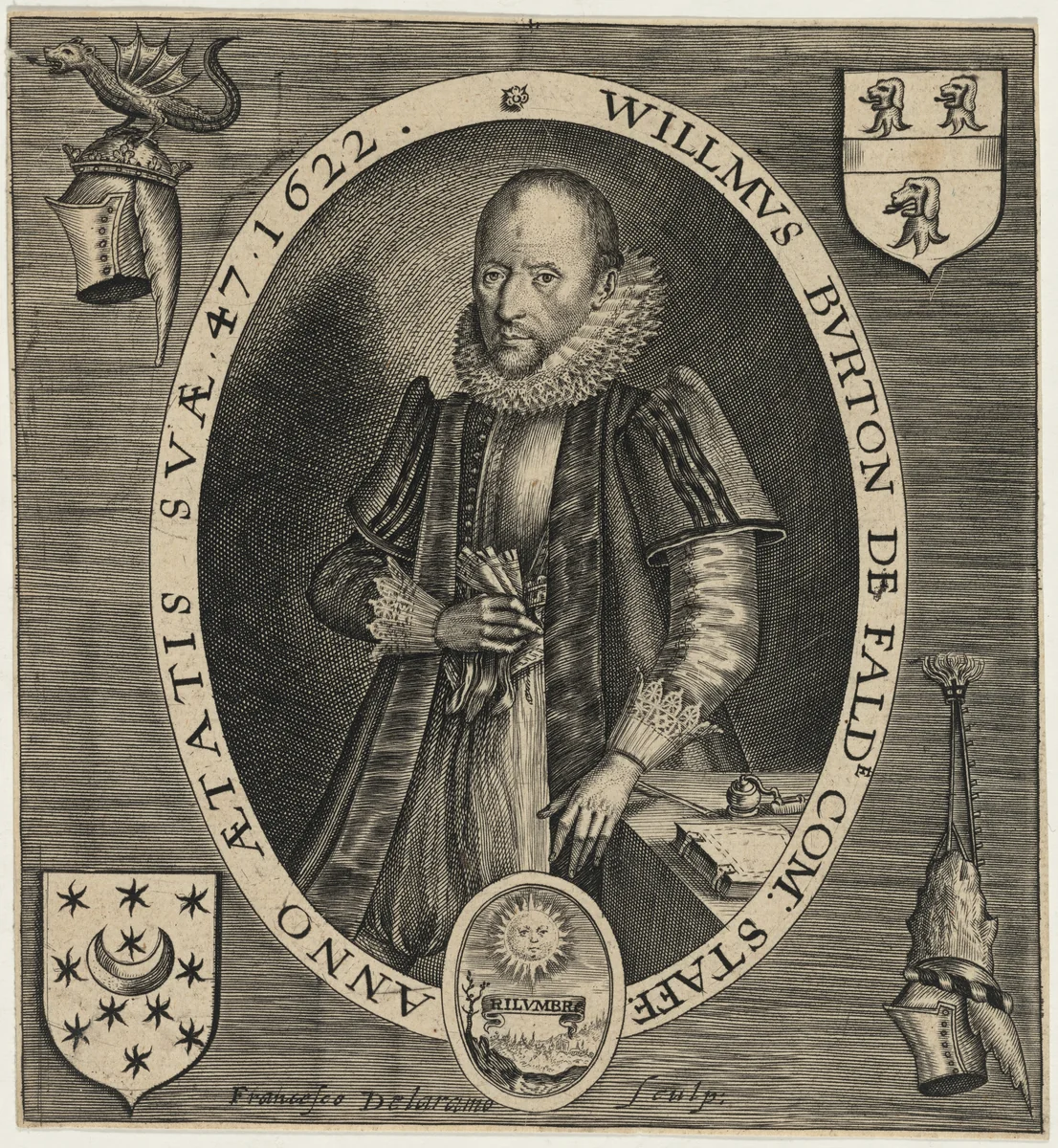 Willmus Burton de Falde (William Burton de Falde) by Francis Delaram, print, 1622