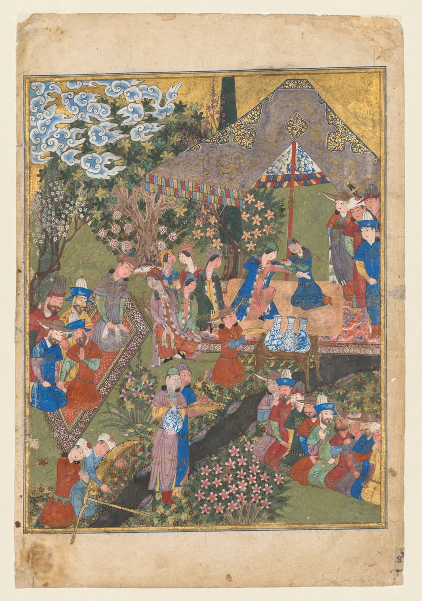Royal Reception in a Landscape, right folio from the double frontispiece of a Shahnama (Book of Kings) of Firdausi (Persian, about 940–1019 or 1025) (verso) by Unknown, manuscript, 1444