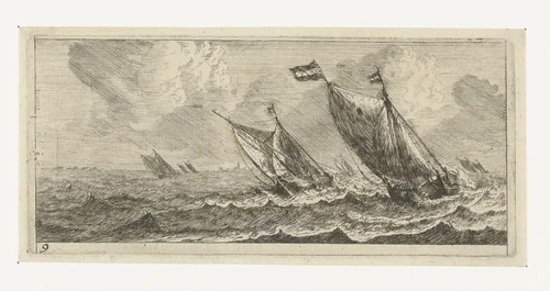 Veerboten op een ruwe zee by Reinier Nooms, print, 1651-1652