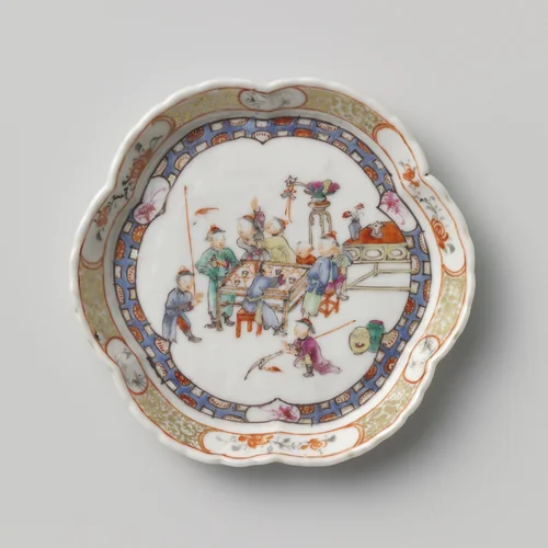 Teapot stand with men around a table, precious objects and flower sprays by anonymous, other, 1775-1799