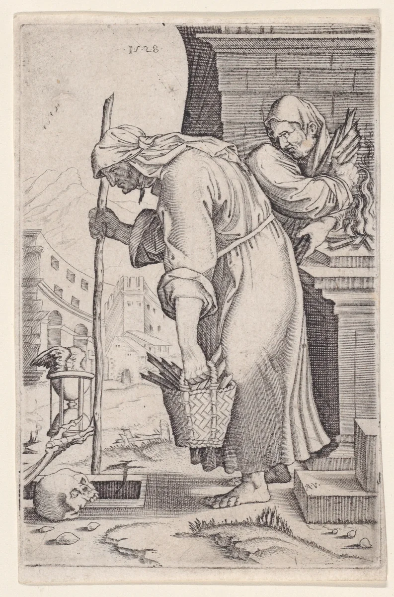 Old Woman Approaching the Grave by Agostino Veneziano, print, 1528