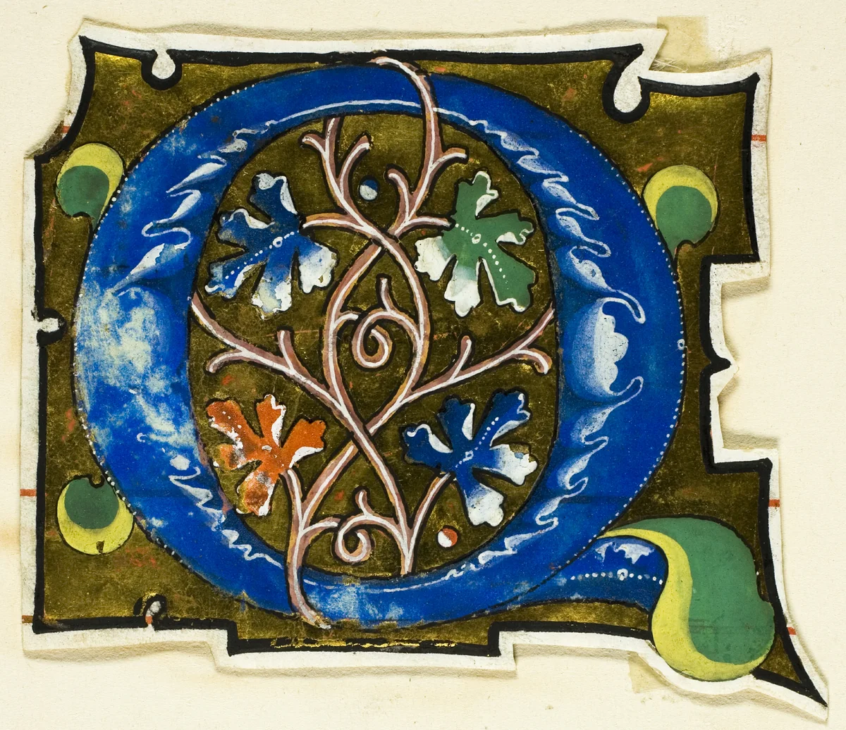 Decorated Initial "Q" in Blue with Four Oak Leaves from a Manuscript by European, painting, 1301-1400