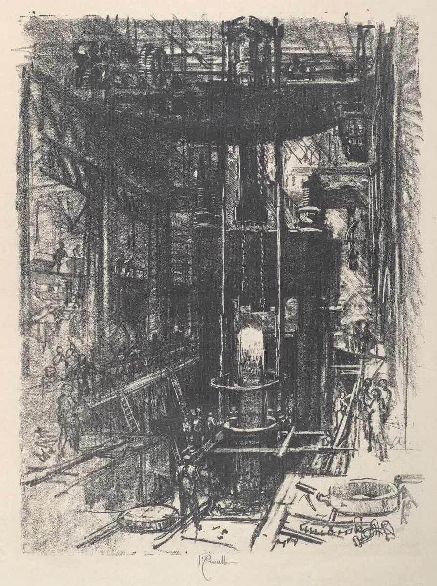 Shaping a Gun from an Ingot by Joseph Pennell, print, 1917