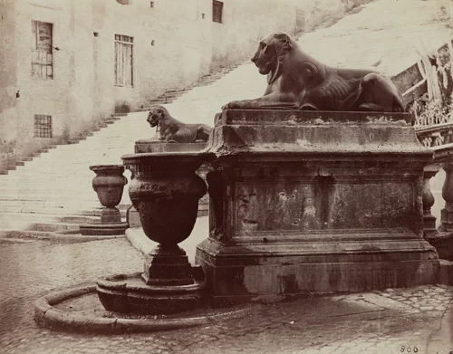 Lion Fountains at the base of the Capitoline Ramp, Rome by Francesco Adriano de Bonis, photograph, 1860-1869