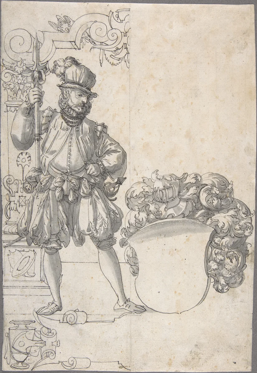 Design for Stained Glass: A Halbardier by an Unfinished Coat of Arms by Hans Jakob Plepp, drawing, 1565-1585