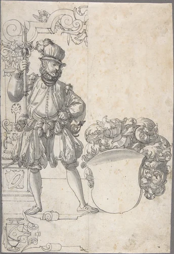 Design for Stained Glass: A Halbardier by an Unfinished Coat of Arms by Hans Jakob Plepp, drawing, 1565-1585
