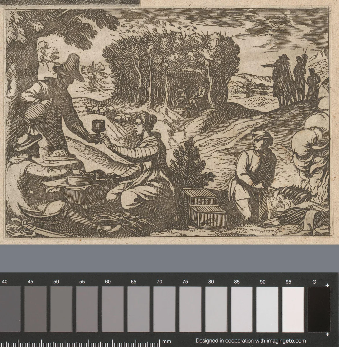 Jagers en hun vrouwen eten de vogels in het veld by Antonio Tempesta, print, 1598