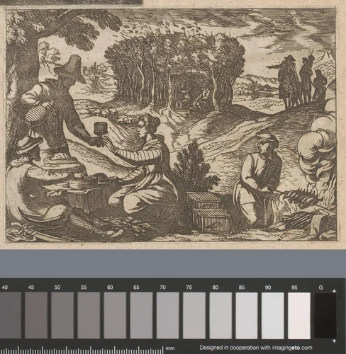 Jagers en hun vrouwen eten de vogels in het veld by Antonio Tempesta, print, 1598