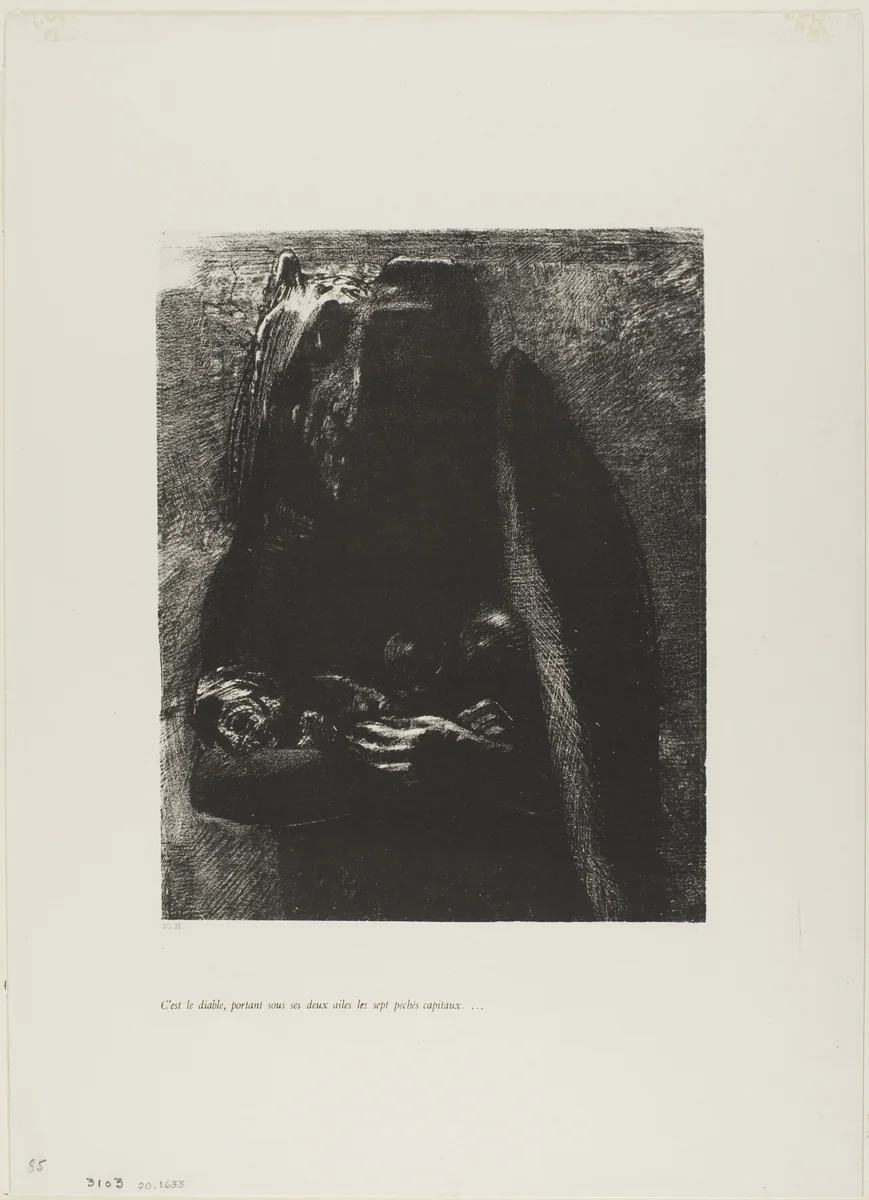 It is the Devil, Bearing Beneath his Two Wings the Seven Deadly Sins, plate 2 from The Temptation of Saint Anthony (1st series) by Odilon Redon, print, 1888