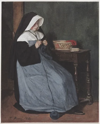 A Nun Seated at a Table Knitting by François Bonvin, drawing, 1862