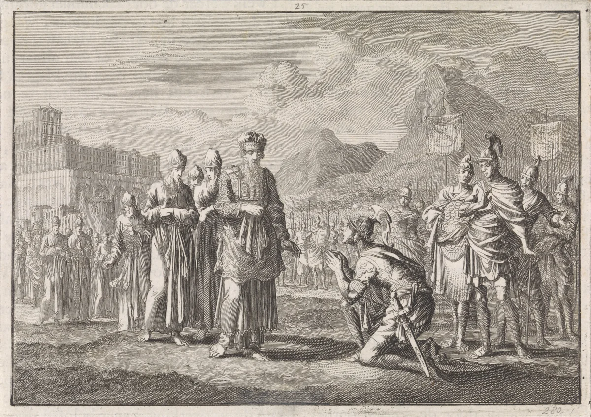 Alexander de Grote knielt voor Jaddus by Jan Luyken, print, 1704