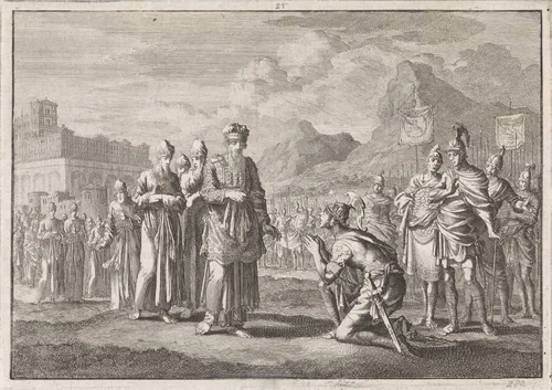 Alexander de Grote knielt voor Jaddus by Jan Luyken, print, 1704