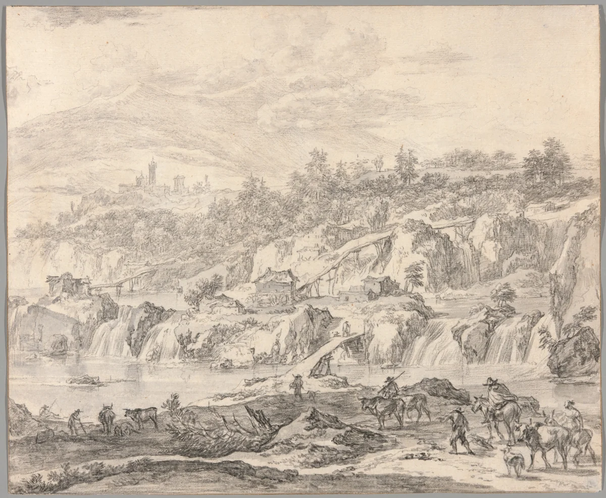 Landscape with Waterfalls and Bridges, Peasants in the Foreground by Nicolaes Berchem, drawing, 1665-1675