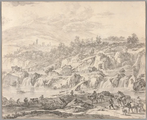 Landscape with Waterfalls and Bridges, Peasants in the Foreground by Nicolaes Berchem, drawing, 1665-1675