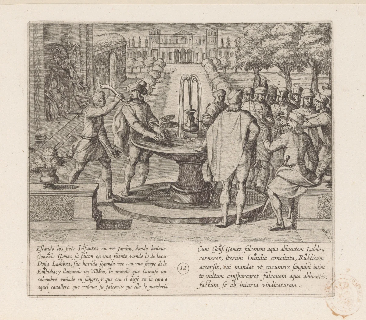 In opdracht van doña Lambra slaat een dorpeling Gonzalo Gomez met een in bloed gedoopte komkommer by Antonio Tempesta, print, 1612