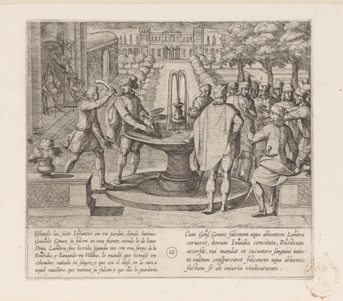 In opdracht van doña Lambra slaat een dorpeling Gonzalo Gomez met een in bloed gedoopte komkommer by Antonio Tempesta, print, 1612