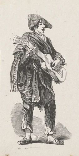 Staande jongeman spelend op een snaarinstrument by Isaac Weissenbruch, print, 1836-1912