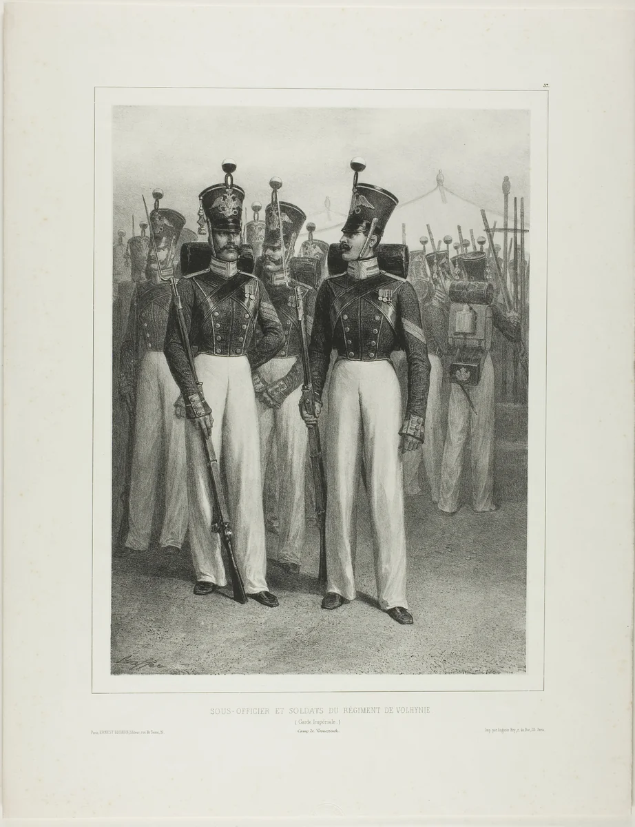Non-Commissioned Officer and Soldiers of the Volhynie Regiment (Imperial Guard), Camp Vosnessensk by Denis Auguste Marie Raffet, print, 1842-1844