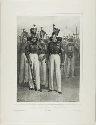 Non-Commissioned Officer and Soldiers of the Volhynie Regiment (Imperial Guard), Camp Vosnessensk by Denis Auguste Marie Raffet, print, 1842-1844