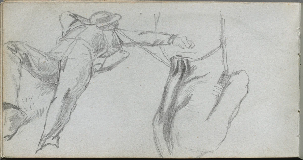 Sketchbook, page 58: Reclining Figure and Figure from behind by Ernest Meissonier, book, 1860-1869