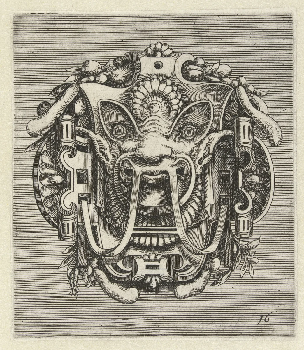Masker van rolwerk by Frans Huys, print, 1600-1650