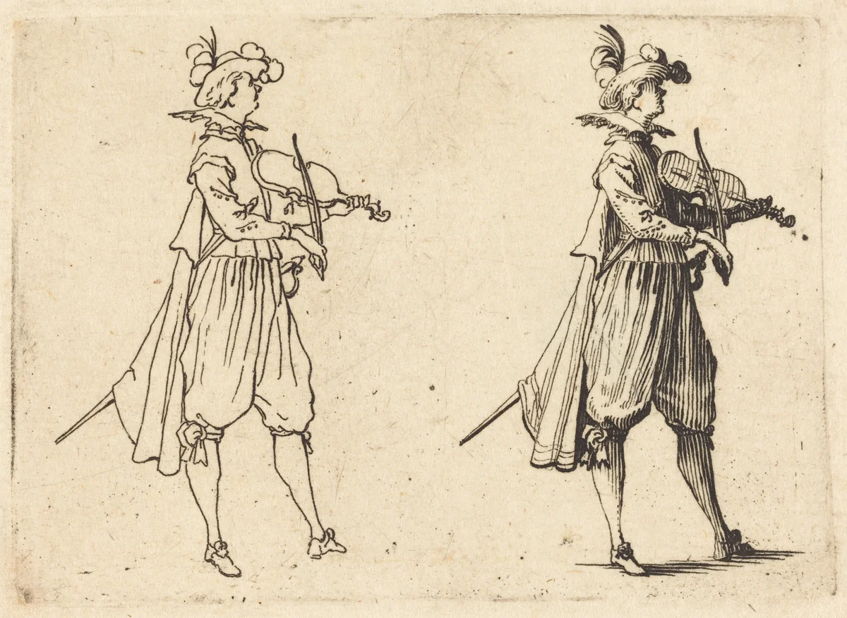 Violinist by Jacques Callot, print, 1617