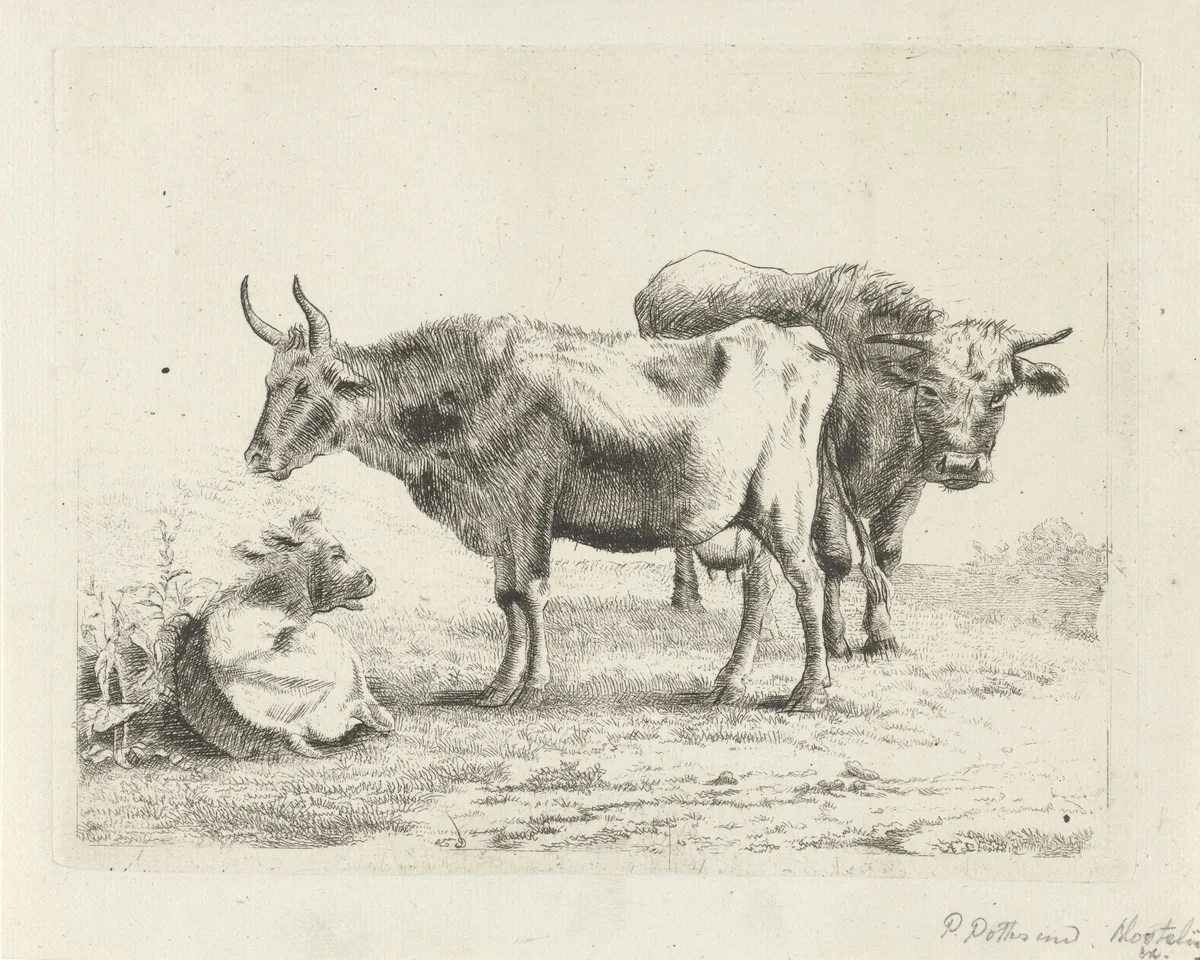 Twee koeien en een kalf by Andries Leijerdorp, print, 1799-1854
