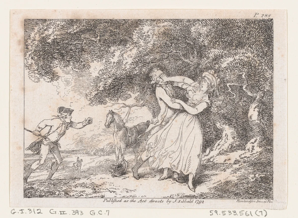 Joseph Hastens to Rescue Fanny from Imminent Danger, from "The Adventures of Joseph Andrews, and his friend Mr. Abraham Adams" by Thomas Rowlandson, print, 1792
