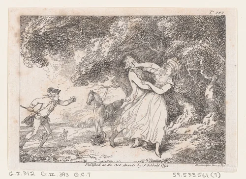 Joseph Hastens to Rescue Fanny from Imminent Danger, from "The Adventures of Joseph Andrews, and his friend Mr. Abraham Adams" by Thomas Rowlandson, print, 1792