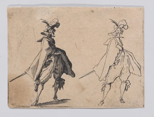 Reverse Copy of La Gentilhomme au Grand Manteau, Vu de Face (Gentleman with a Large Mantle, Seen from the Front), from Les Caprices Series A, The Florence Set by anonymous, print, 1620-1700