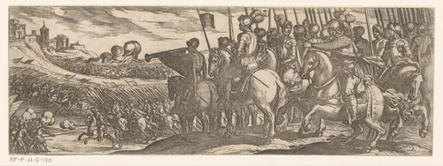 Gevechtsscène met cavalerie en trompetter op heuvel by Antonio Tempesta, print, 1599
