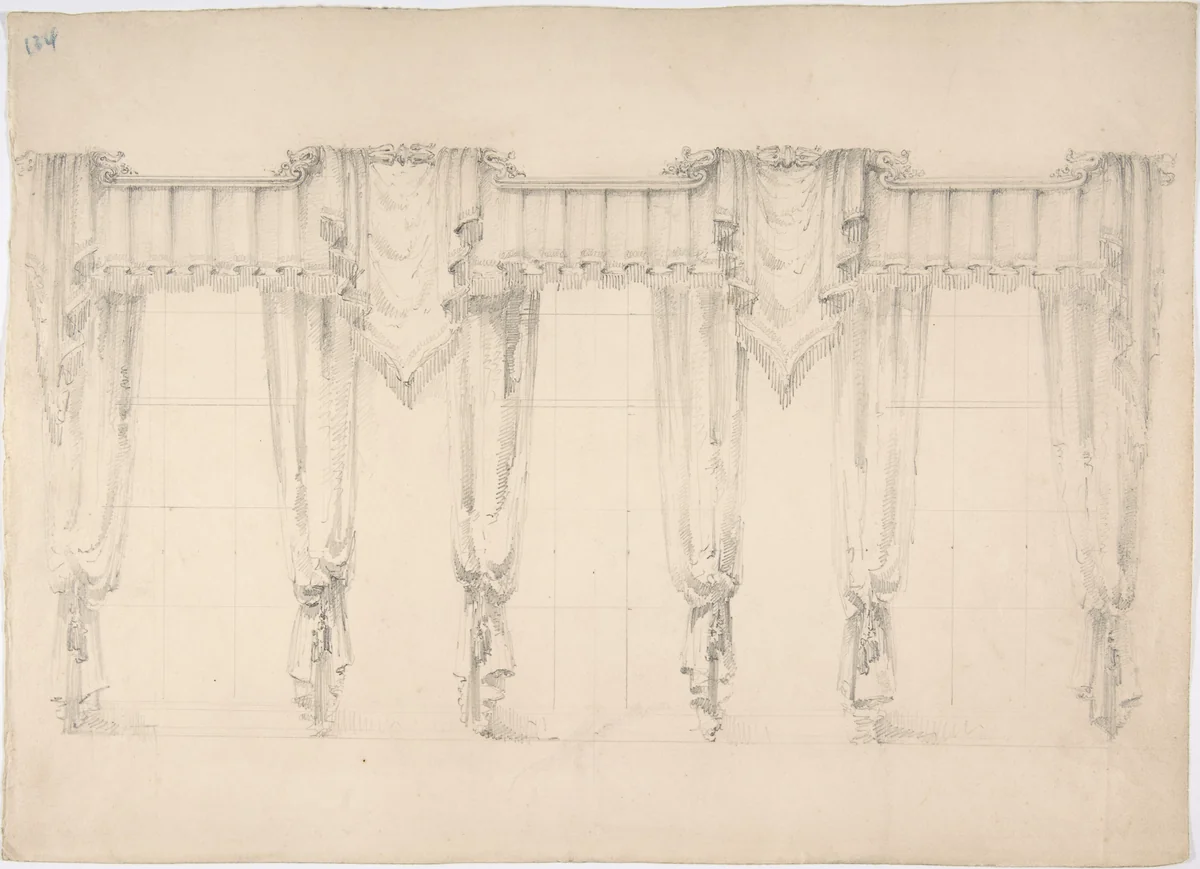 Design for Fringed Curtains Surrounding Three Windows by anonymous, drawing, 1800-1850