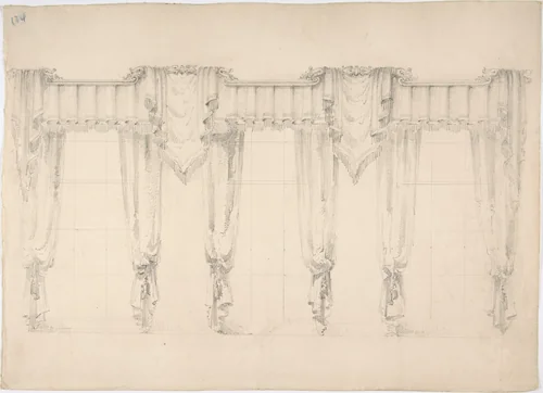 Design for Fringed Curtains Surrounding Three Windows by anonymous, drawing, 1800-1850