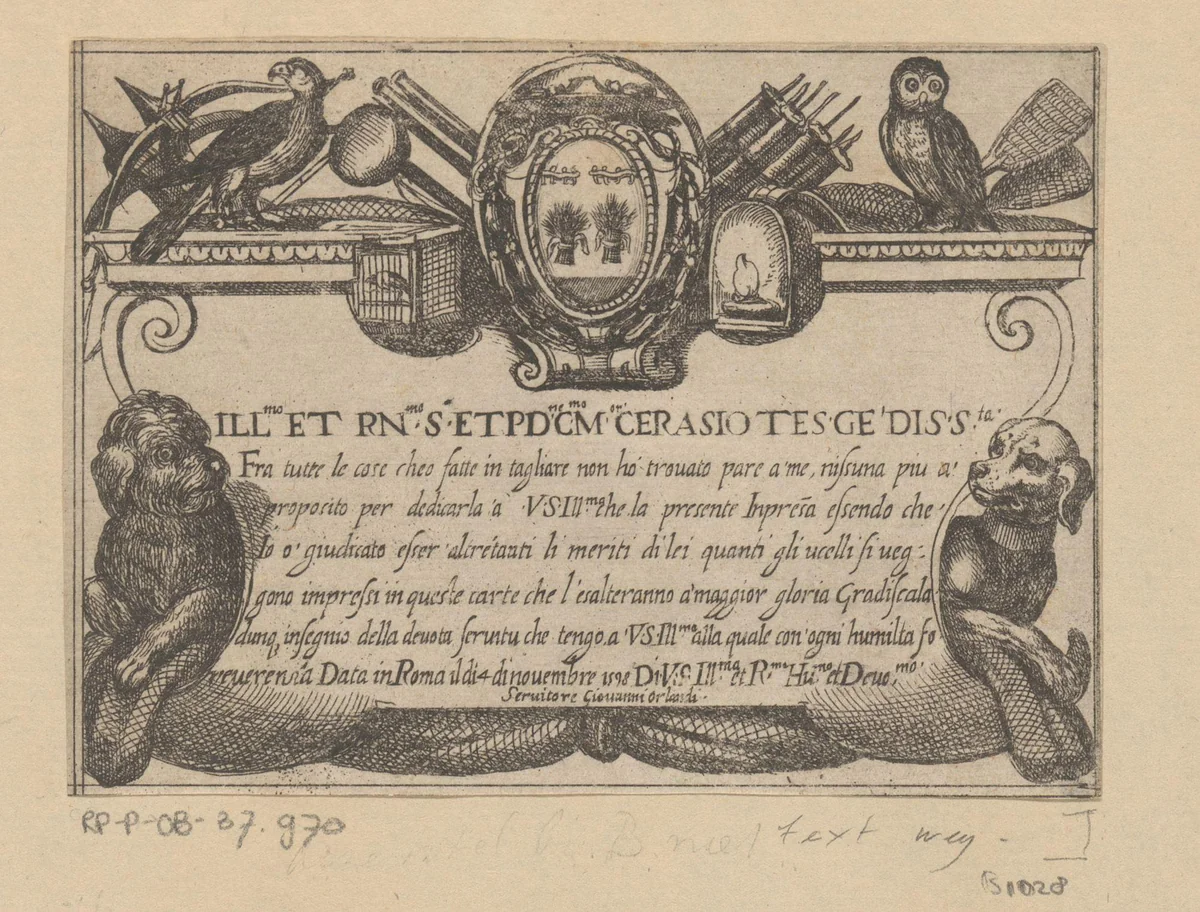 Cartouche met opdracht, twee jachthonden, een uil en een valk by Antonio Tempesta, print, 1598