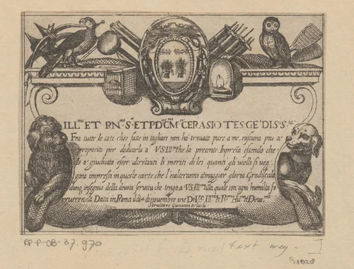 Cartouche met opdracht, twee jachthonden, een uil en een valk by Antonio Tempesta, print, 1598