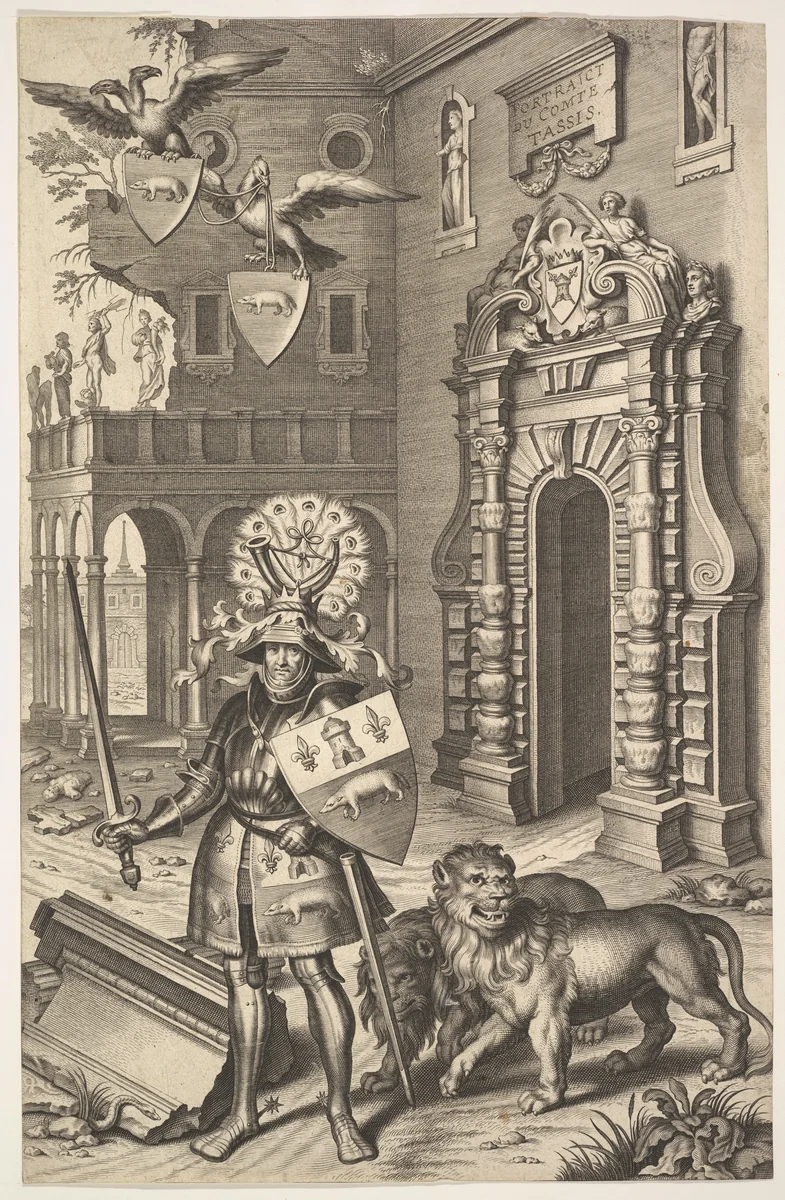 Allegorical Portrait of Count Tassis, from "Les marques d'honneur de la Maison de Tassis" by Cornelis Galle, print, 1645
