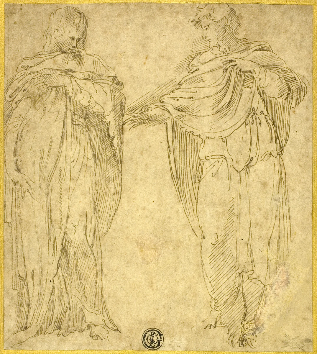Two Standing Draped Figures (Saint John and the Magdalene?) by Battista Franco, drawing, 1540-1560