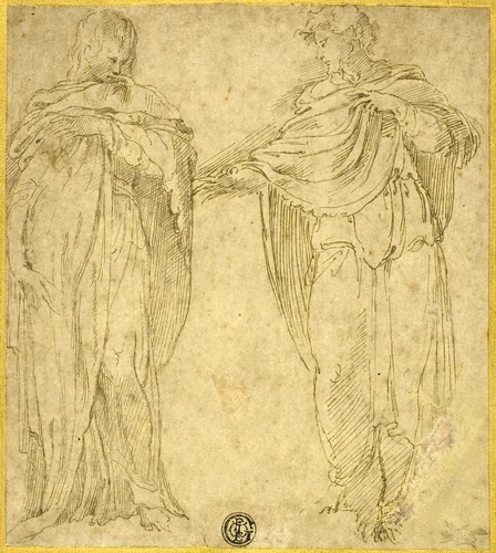 Two Standing Draped Figures (Saint John and the Magdalene?) by Battista Franco, drawing, 1540-1560