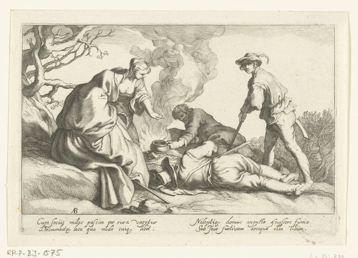 Koken in de buitenlucht by Frederick Bloemaert, print, 1632-1670