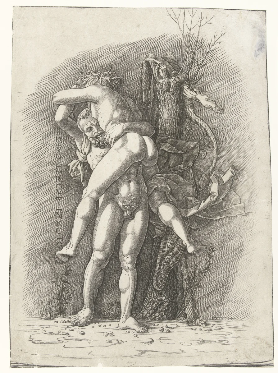 Hercules en Antaeus by Unknown, print, 1475-1499