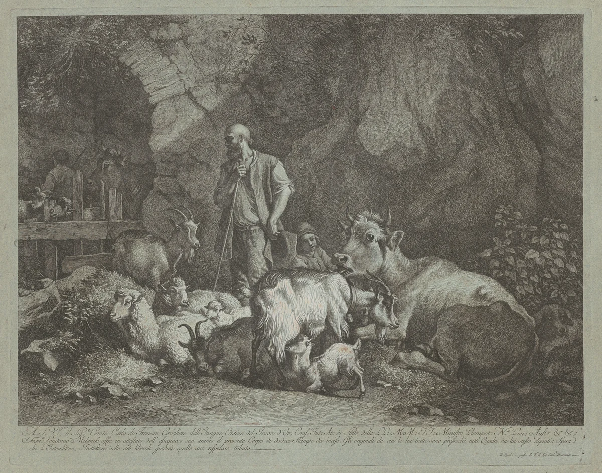 Old, Bald-headed Shepherd, Seated Shepherd Boy and Flock by Francesco Londonio, print, 1766
