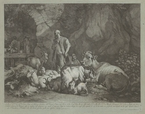 Old, Bald-headed Shepherd, Seated Shepherd Boy and Flock by Francesco Londonio, print, 1766