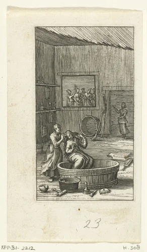 Duyfken wordt gewassen in bad en gekleed by Boëtius Adamsz. Bolswert, print, 1590-1627