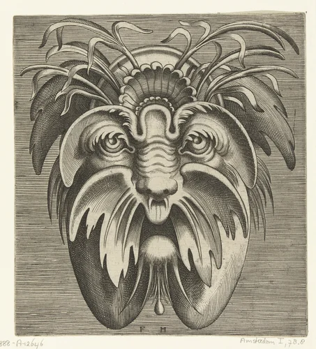 Masker met uitgezakte wangen en een snor, in het haar zitten grassen by Unknown, print, 1555