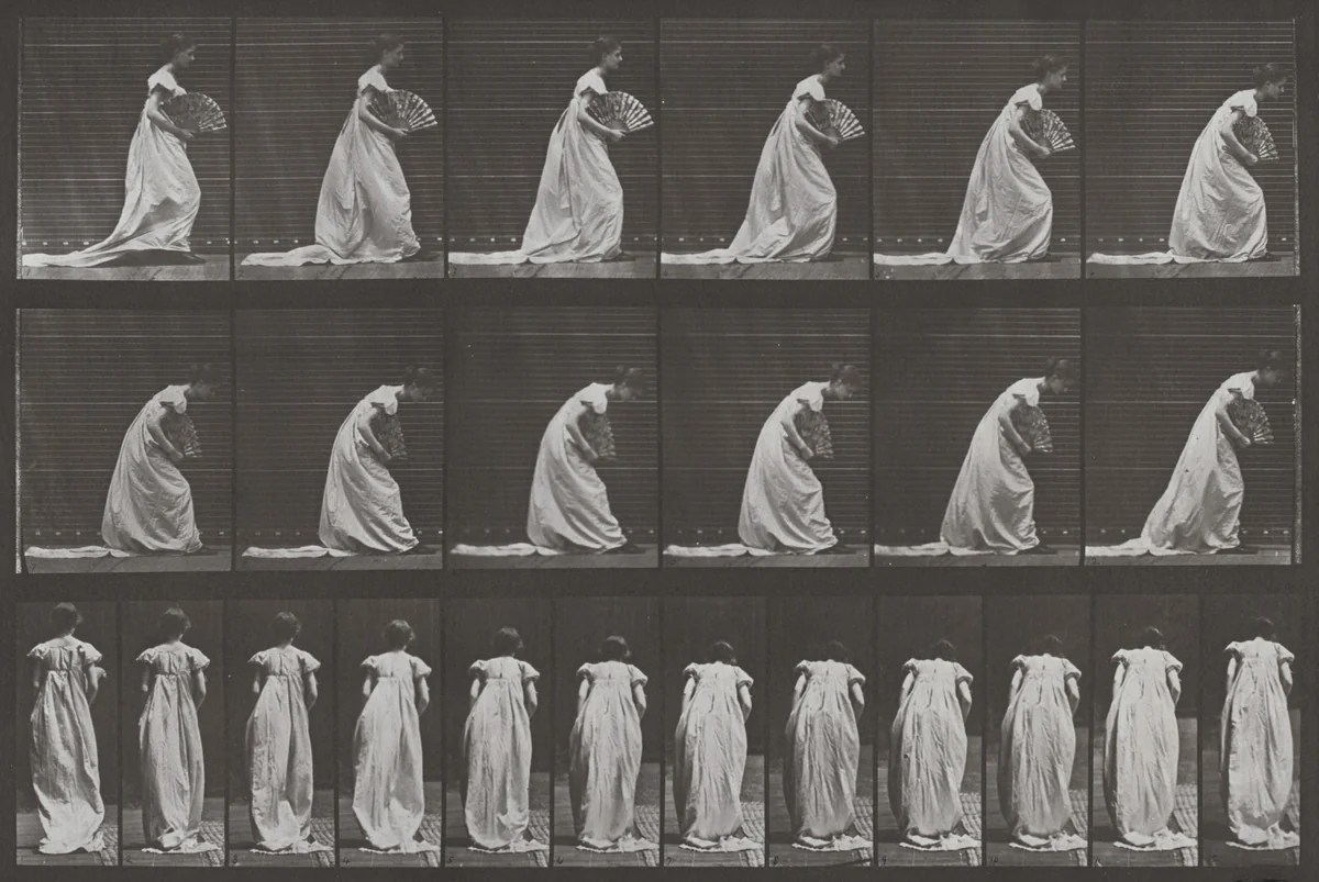 Plate Number 199. Curtesying, a fan in right hand by Eadweard Muybridge, photograph, 1887