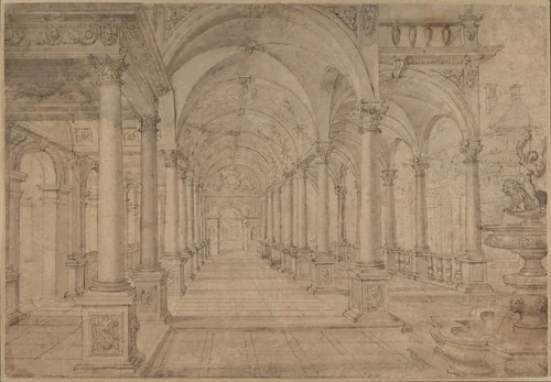 Architectural Capriccio with an Arcade and Fountain in Point Perspective [Study for a Painting of John the Baptist before Herod] by Hans Vredeman de Vries, drawing, 1589-1599