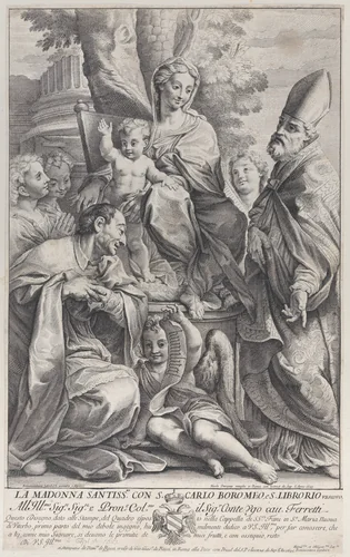 Virgin and Child with Saint Ciborius and Carlo Borromeo by Nicolas Dorigny, print, 1693-1695