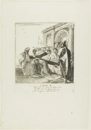Christ Falls Beneath the Cross for the First Time, plate three from Stations of the Cross by Giovanni Domenico Tiepolo, print, 1748