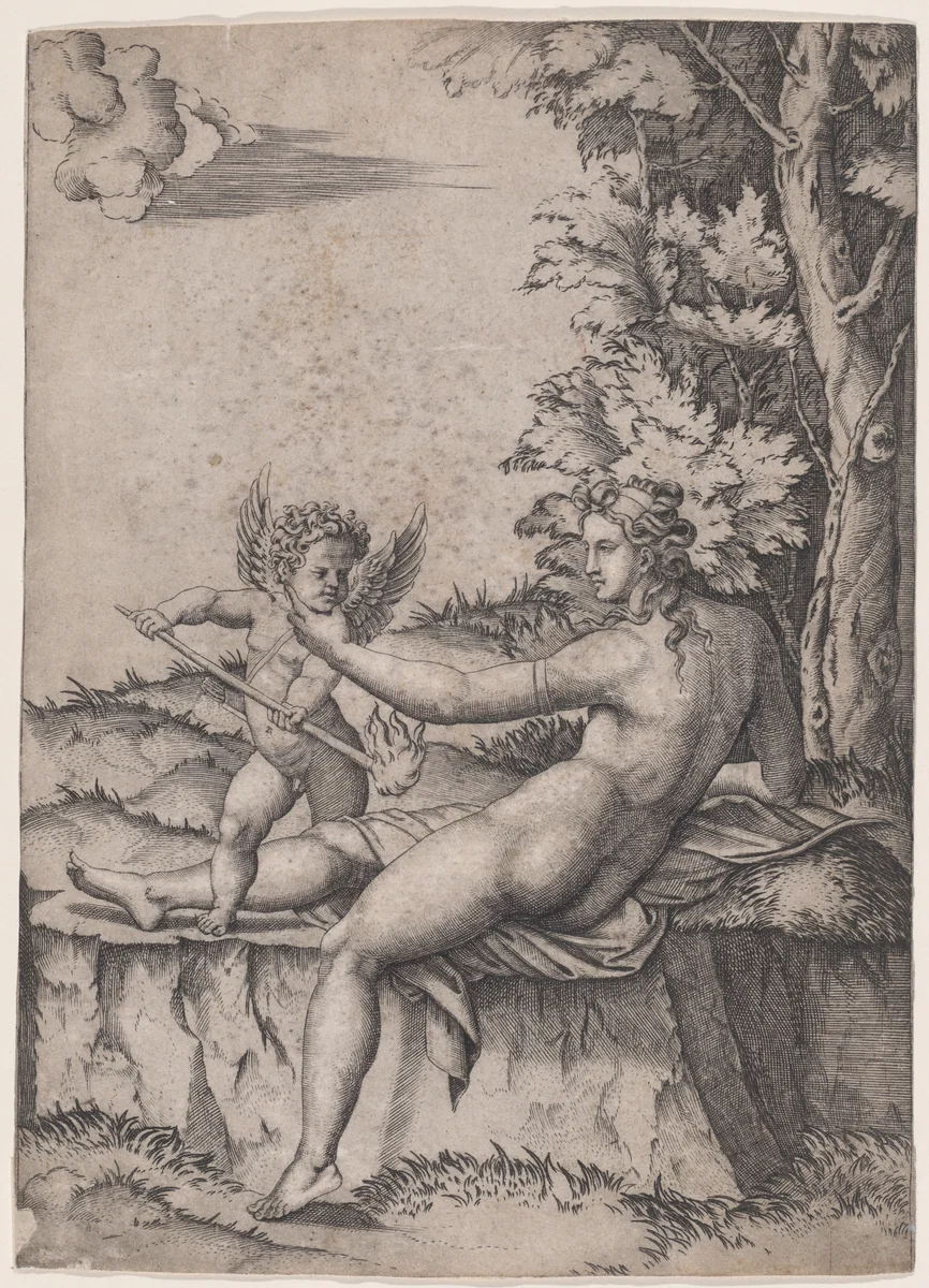 Venus and Eros by Agostino Veneziano, print, 1514-1536